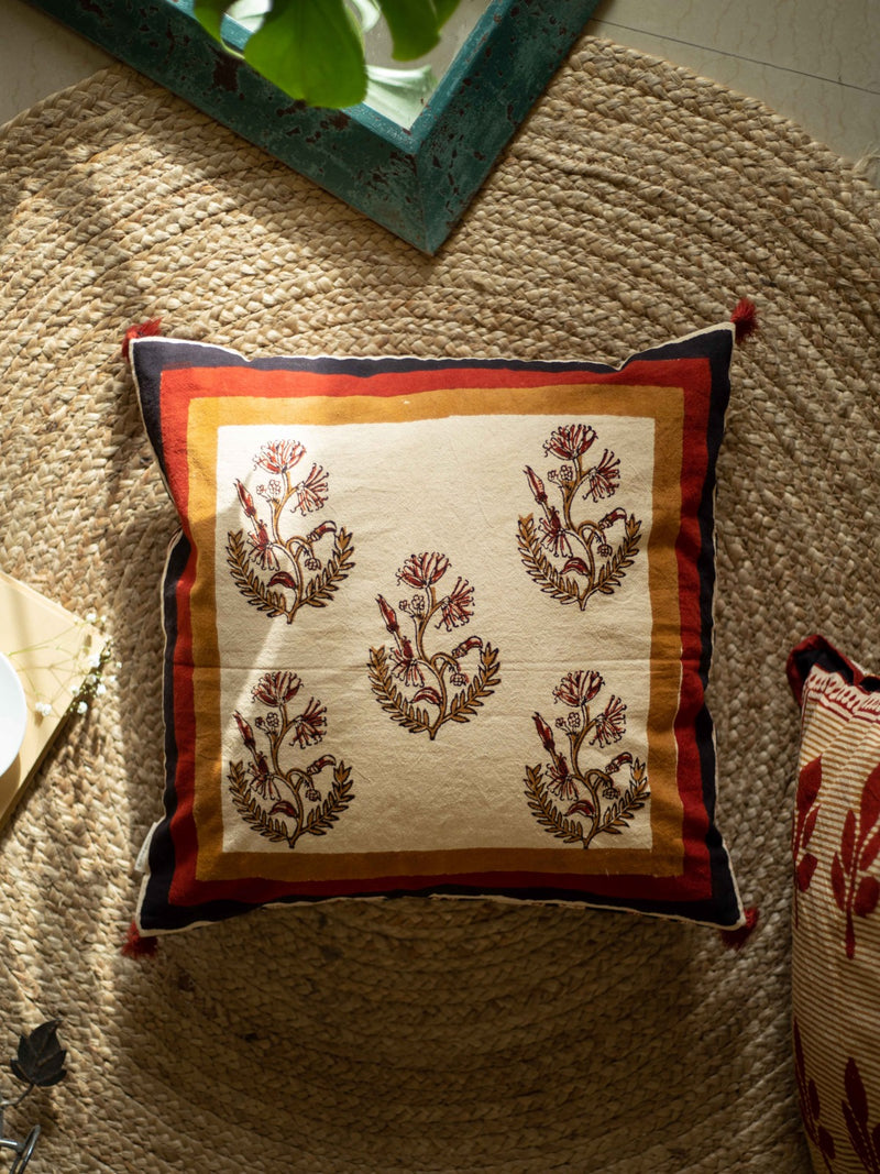Botanical Poppy Hand Block Printed Cushion Cover