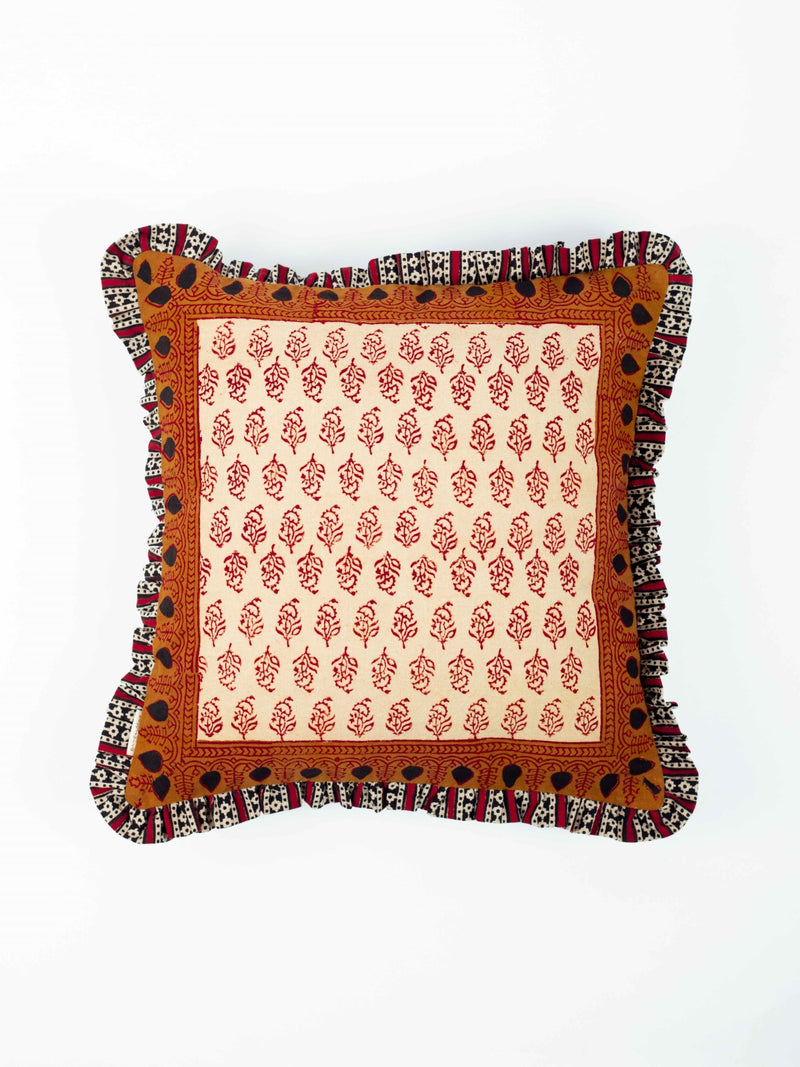 Dusty Red Orchids Hand Block Printed Cushion Cover