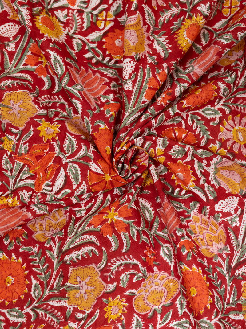Summer Red Palampore Garden Cotton Hand Block Printed Fabric