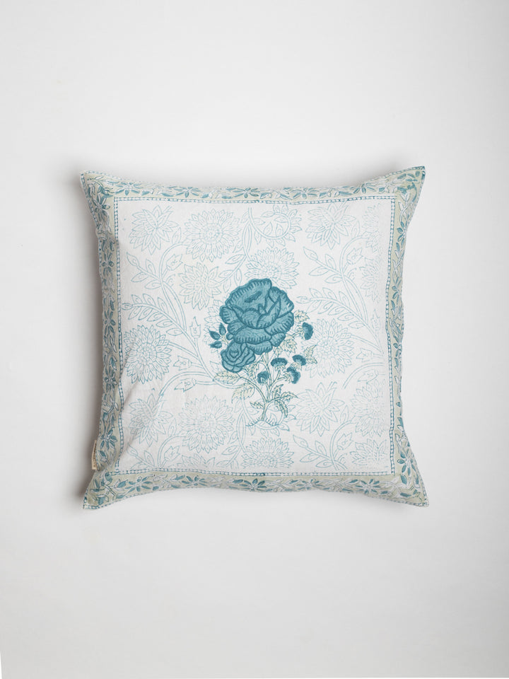 Blue Rose Garden Hand Block Printed Cushion Cover