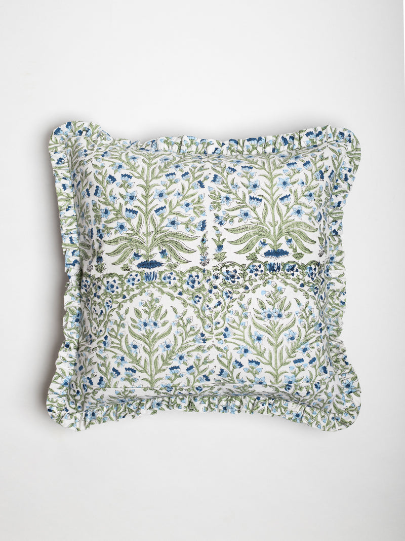 Pansy Ruﬄed Hand Block Printed Cushion Cover