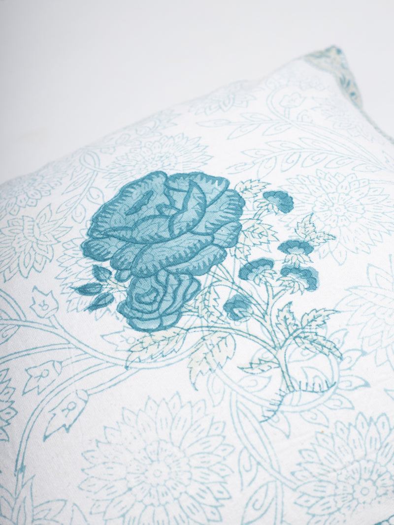 Blue Rose Garden Hand Block Printed Cushion Cover