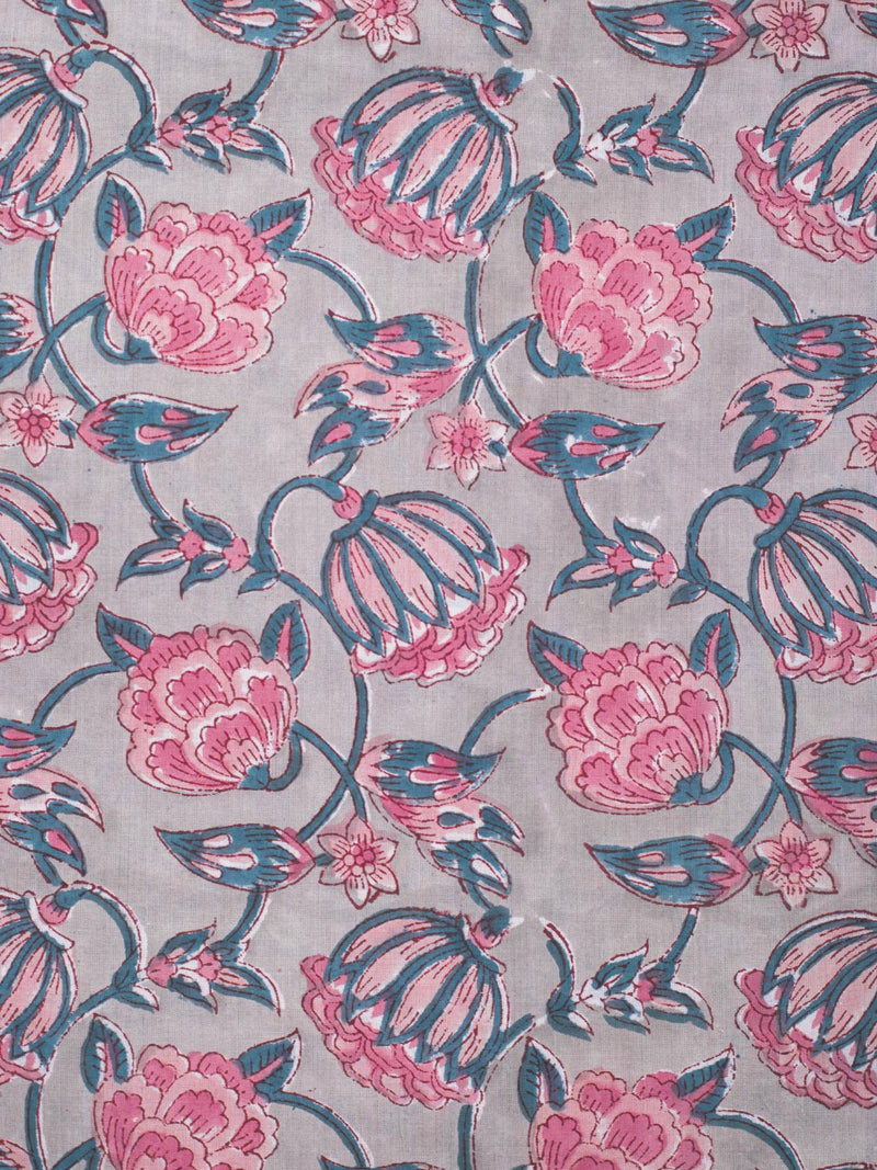 Pink Coral Bells Cotton Hand Block Printed Fabric