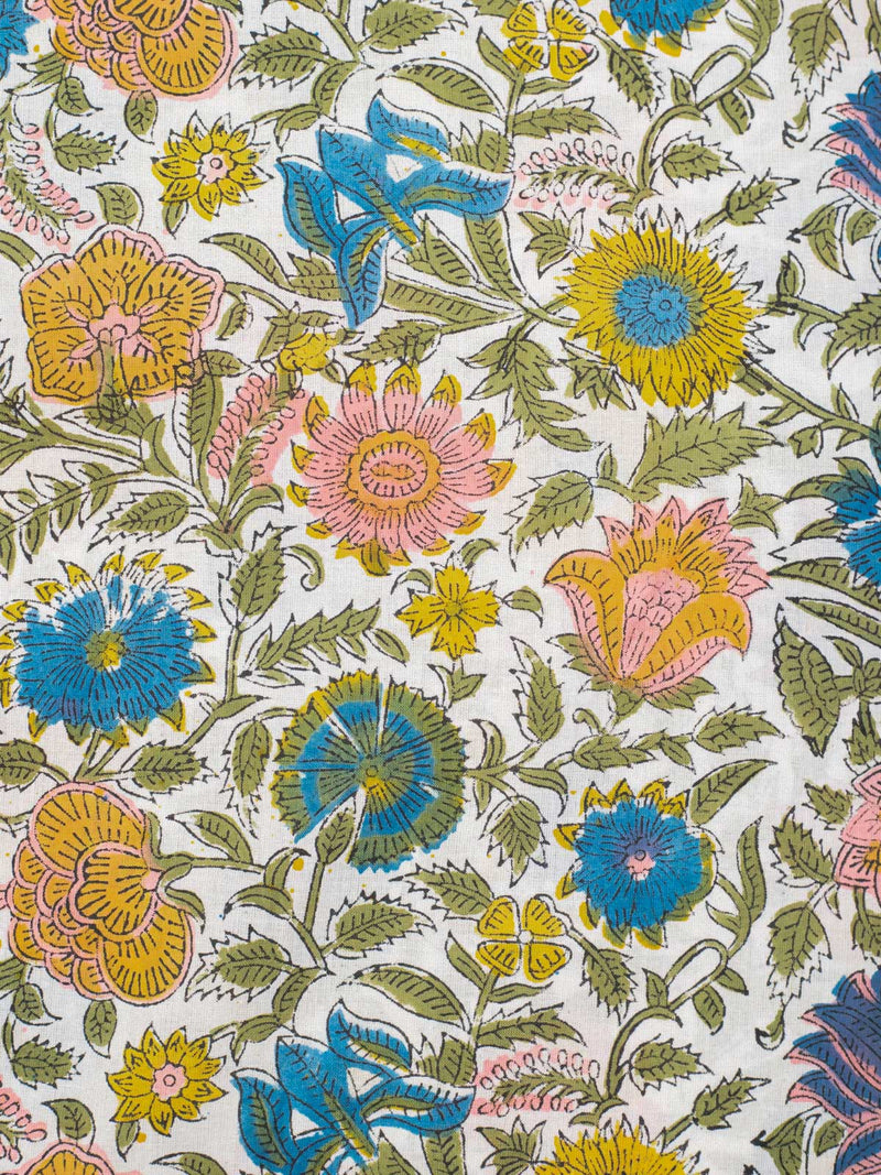 Summer Daisy Garden Cotton Hand Block Printed Fabric (2.00 Meter)