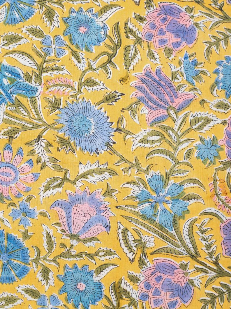 Summer Yellow Daisy Garden Red Cotton Hand Block Printed Fabric