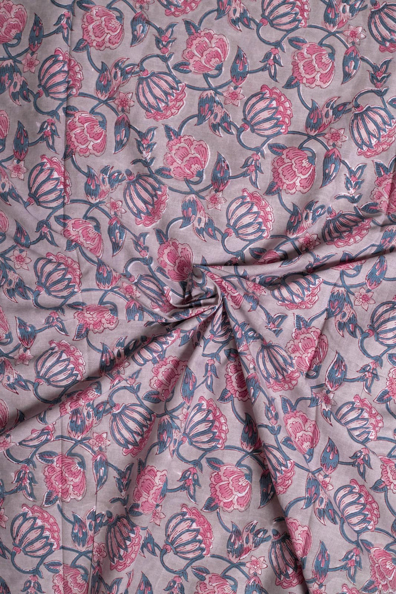 Pink Coral Bells Cotton Hand Block Printed Fabric