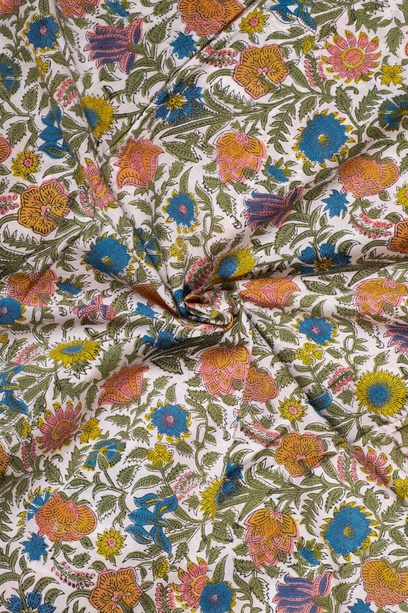 Summer Daisy Garden Cotton Hand Block Printed Fabric (2.00 Meter)