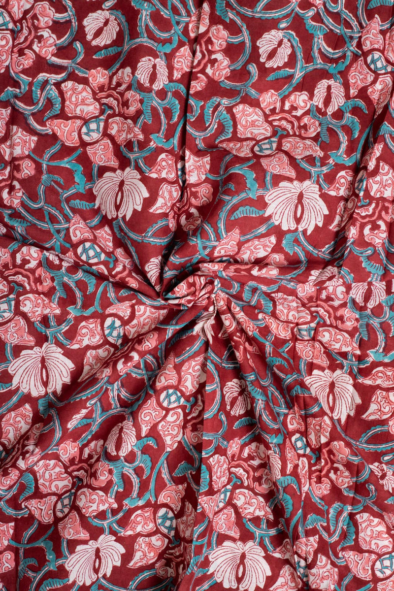 Red Cone Flower Hand Block Printed Fabric