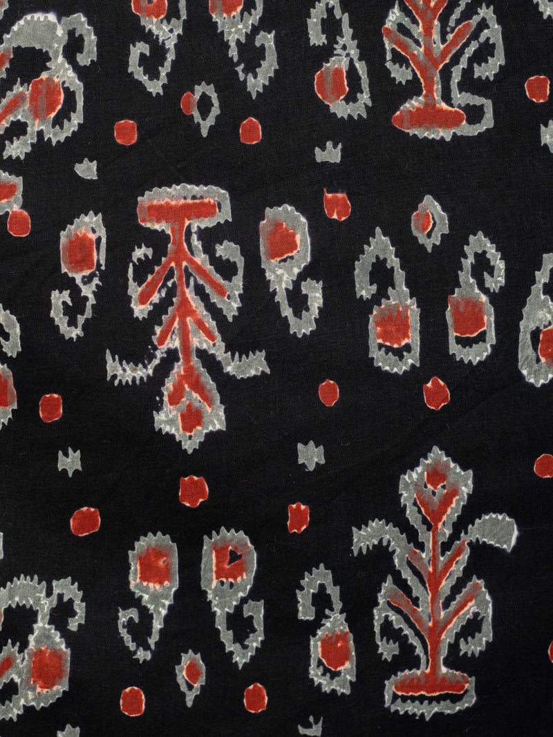 Blooms of Ikat Grey and Rustic Red  Cotton Hand Block Printed Fabric
