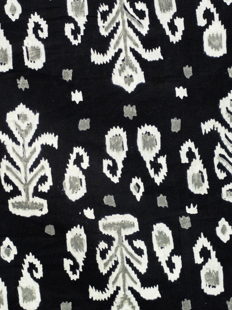 Blooms of Ikat White and Grey  Cotton Hand Block Printed Fabric