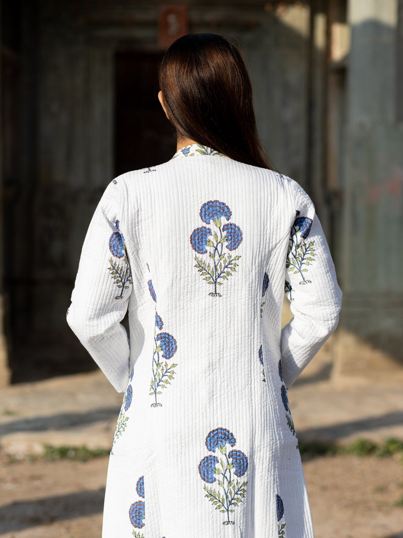 Cotton Quilted Iris Garden Reversible Hand Block Print Women’s Long Jacket