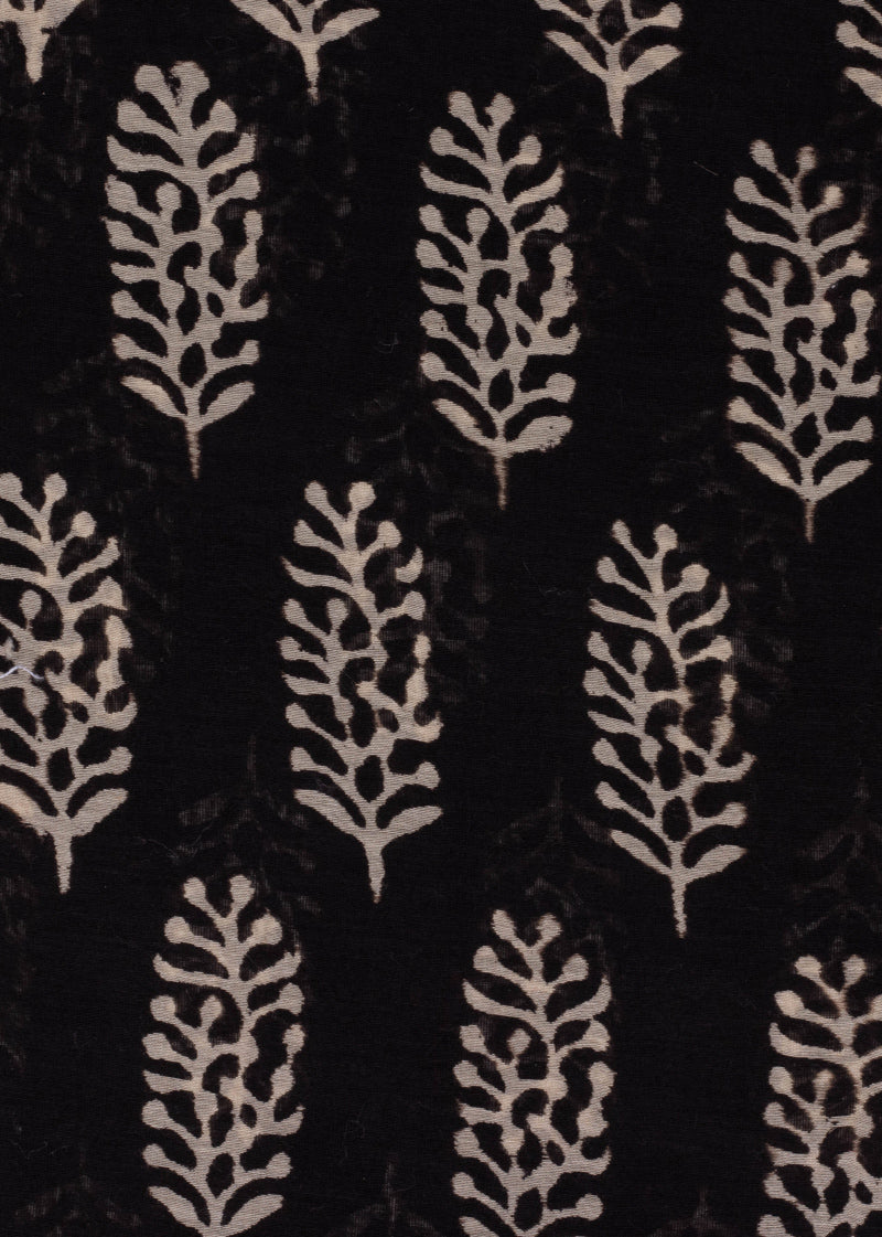 Chanderi Black Phool Buta Hand Block Printed Fabric (2.90 Meter)