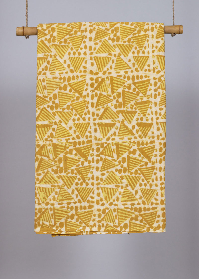 Illusory Triangles Bright Mustard Hand Block Printed Cotton Mulmul Fabric