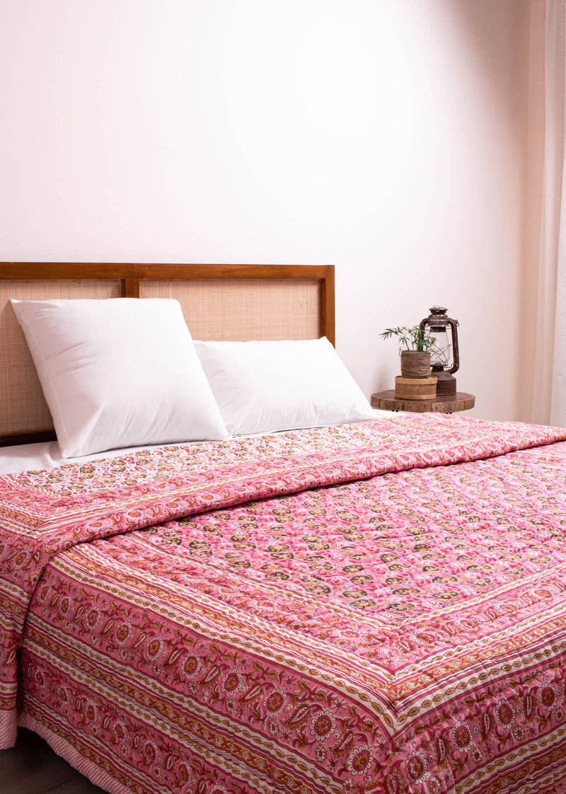 Cerise Bloom Hand Block Printed Cotton Bed Quilt