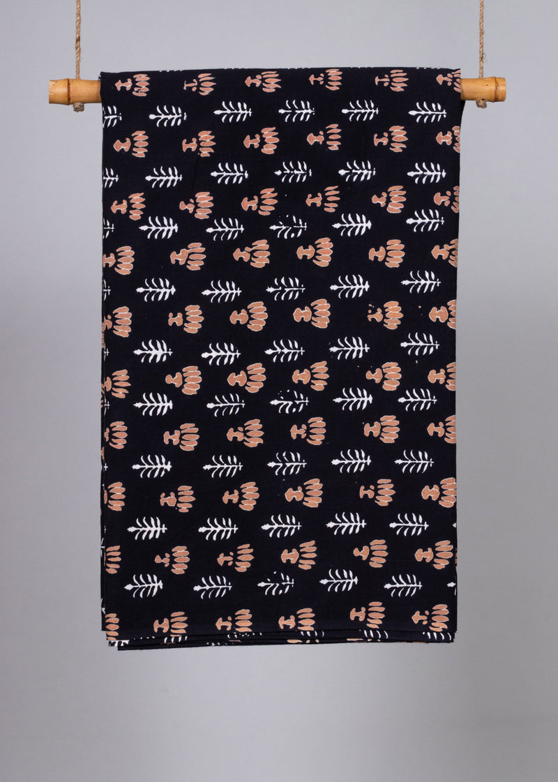 "Saplings in Rows  Brown and Black Cotton Hand Block Printed Fabric " (2.00 Meter)