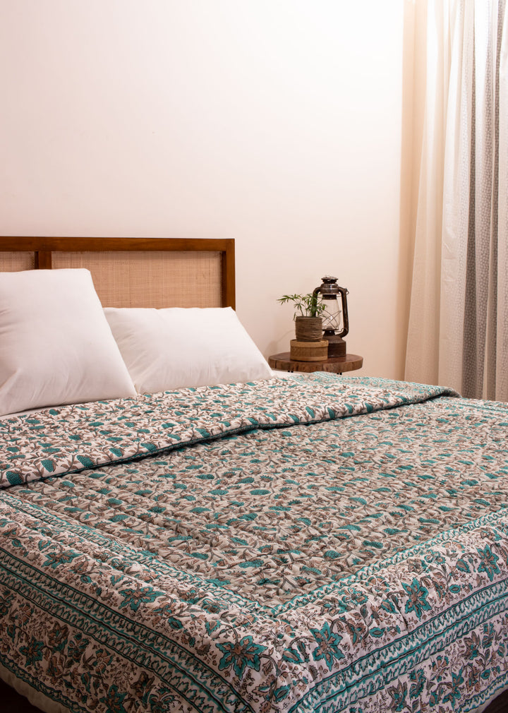 Marine Gardens Hand Block Printed Cotton Bed Quilt