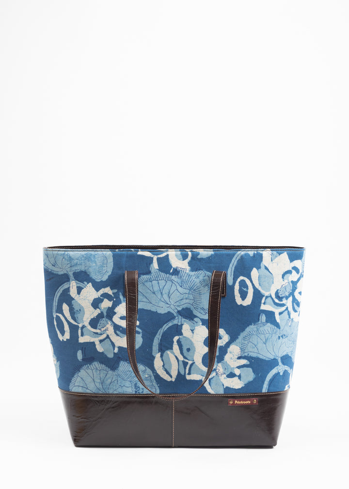 Indigo Foresta Hand Block Printed Leather Tote Bag