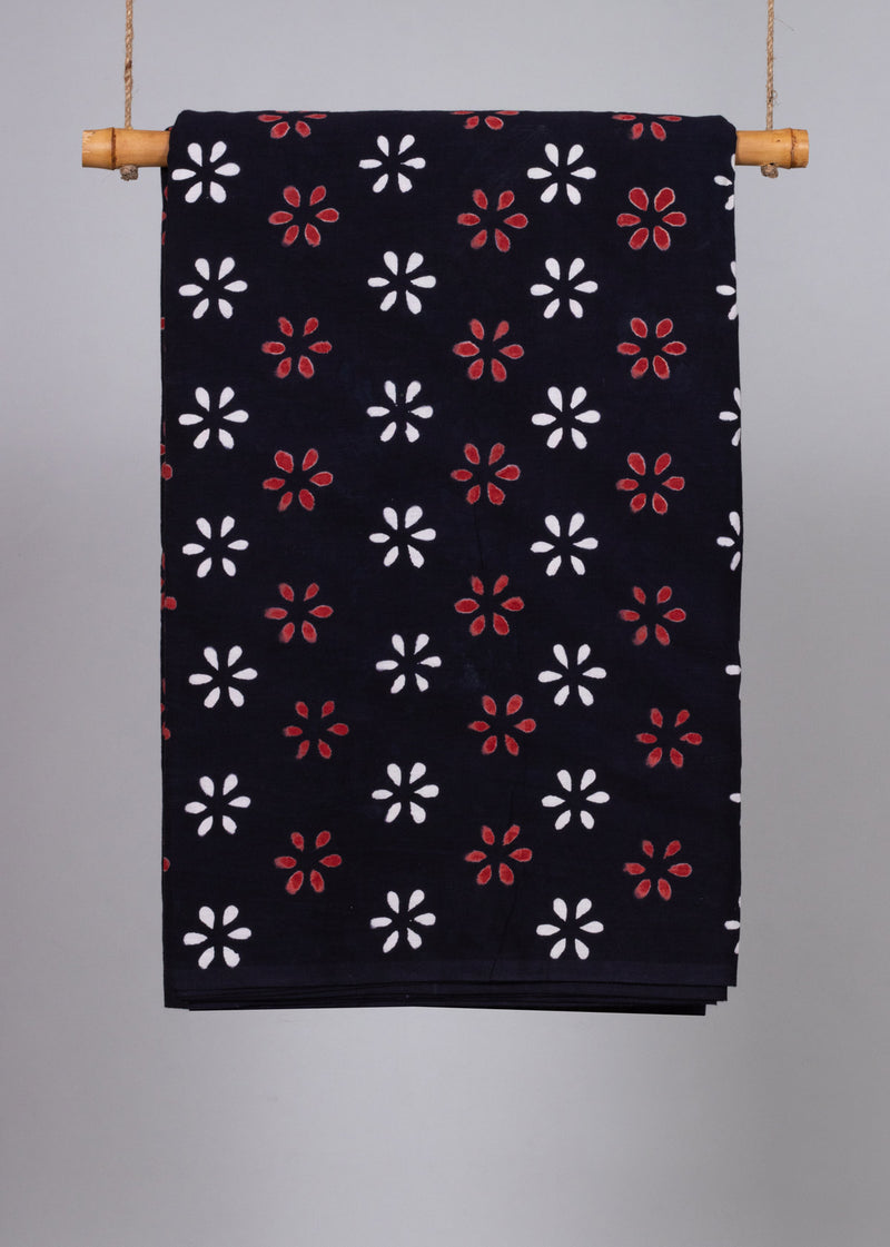 Daisies in the Dark Red and Black  Cotton Hand Block Printed Fabric