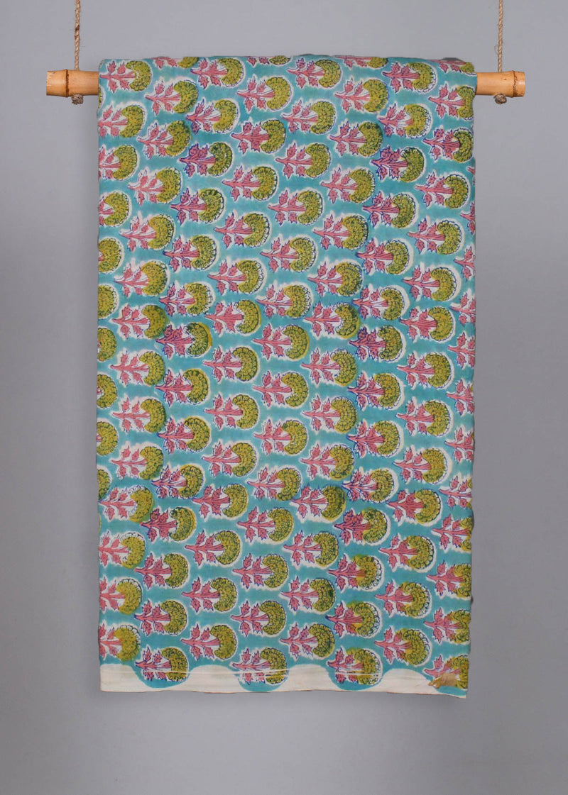 Marigold Prairies Teal Cotton Hand Block Printed Fabric (1.60 Meter)