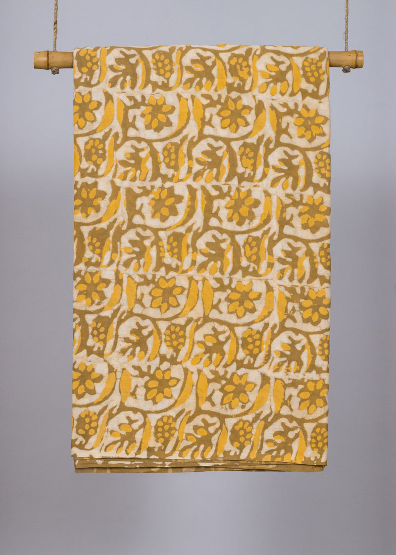 Dance of flowers Mustard  Hand Block Printed Cotton Mulmul Fabric