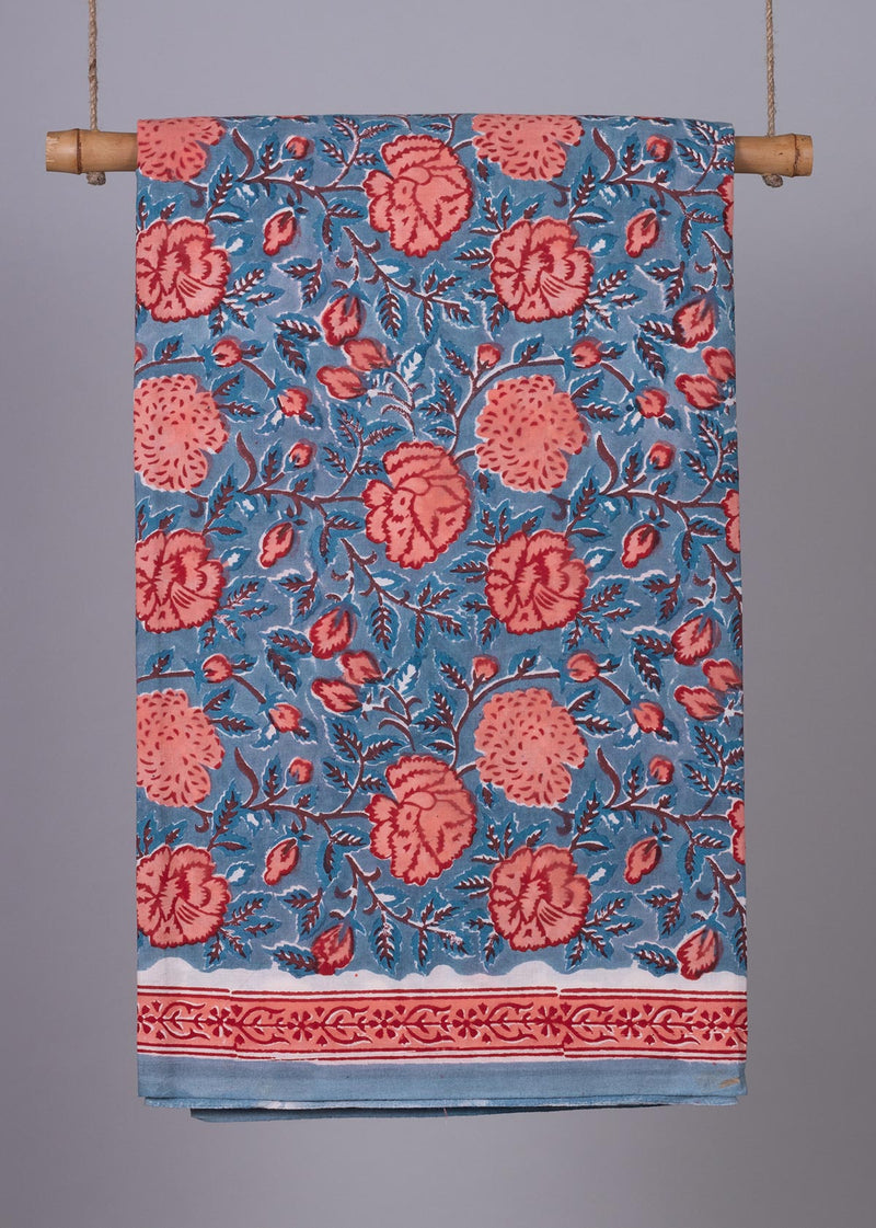 Peachy Palampore Cotton Hand Block Printed Fabric (1.10 Meter)