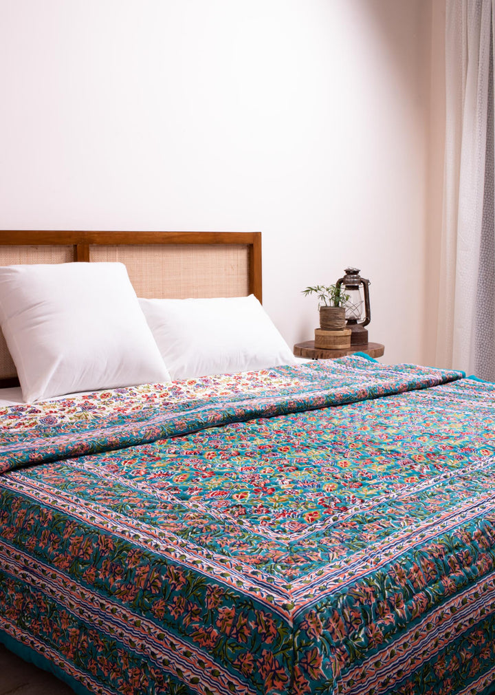 Summerdrops Teal Hand Block Printed Cotton Bed Quilt