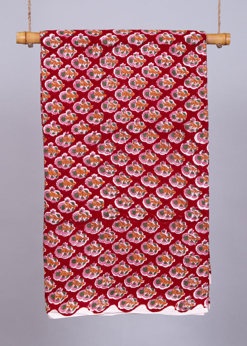 Merrilines Crimson Mulmul Hand Block Printed Fabric (2.60 Meter)