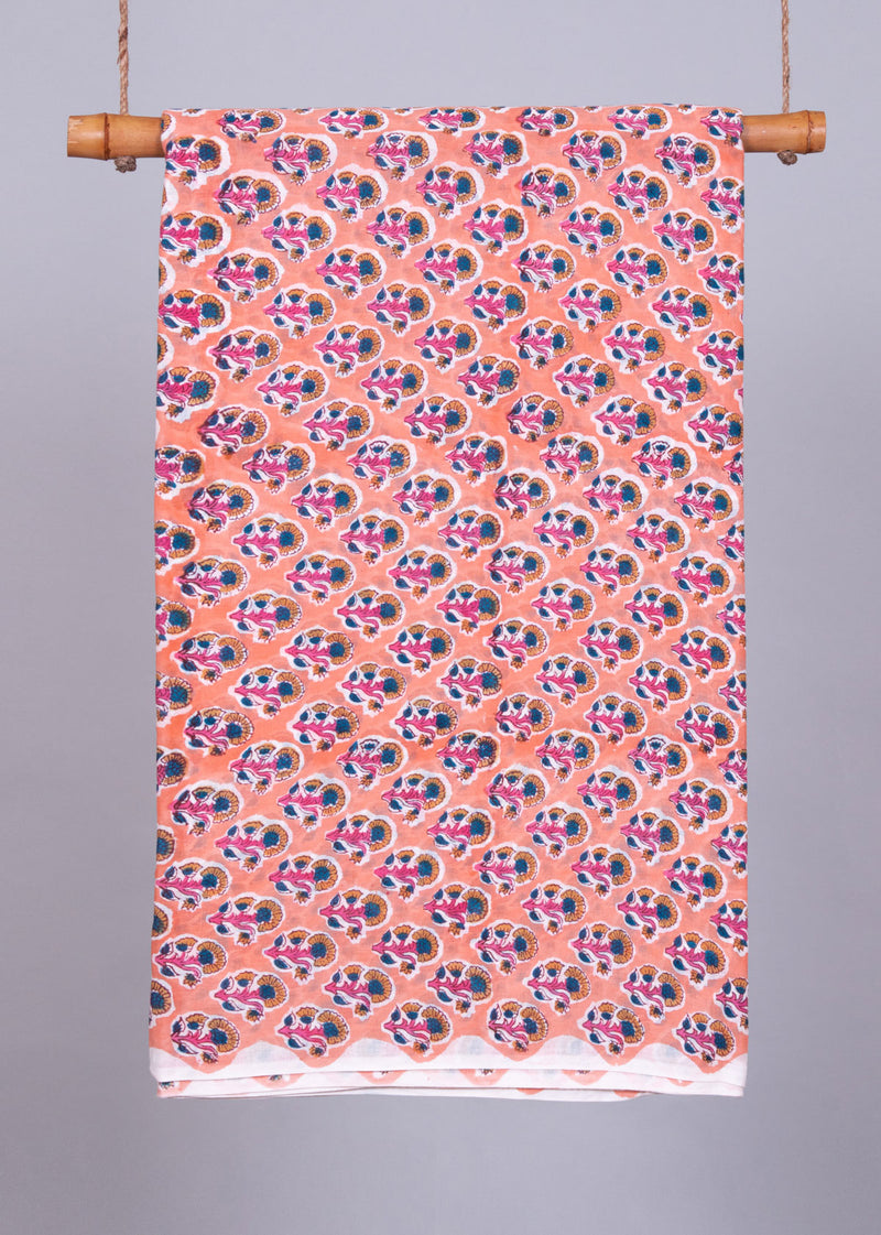 Merrilines Peach  Mulmul Hand Block Printed Fabric (1.90 Meter)