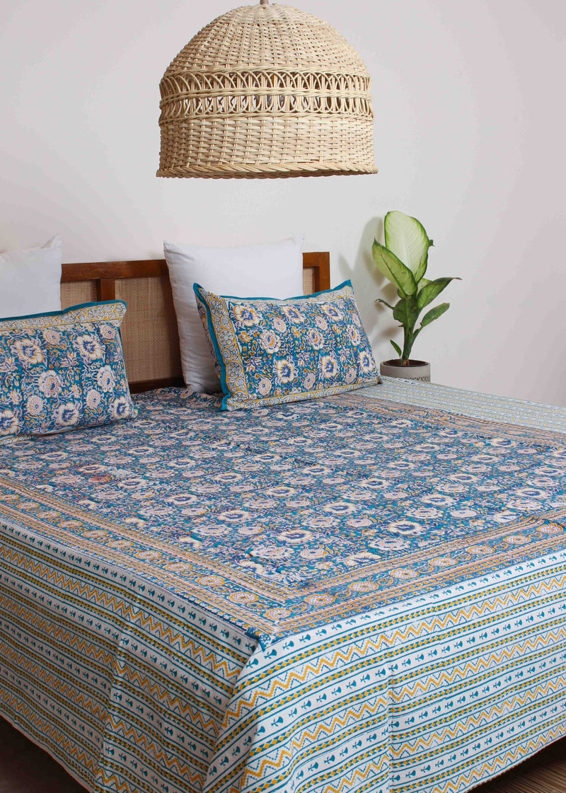 Rhythm of Blue Cotton Hand Block Printed Bed Linens