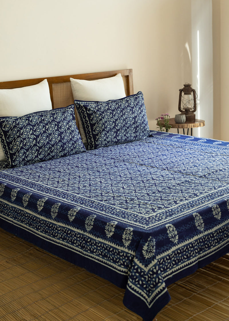 "Floral Trinity Block Printed Cotton Bedsheet "
