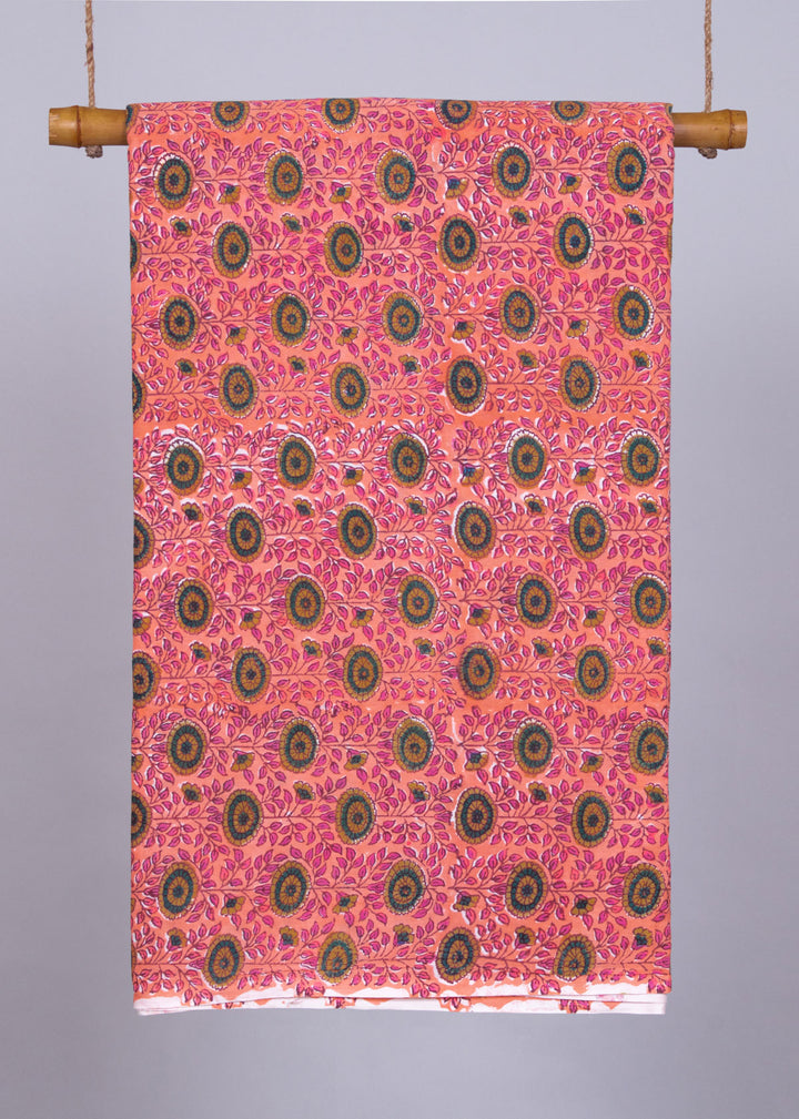 "  Sun Bloom Peach Mulmul Hand Block Printed Fabric "