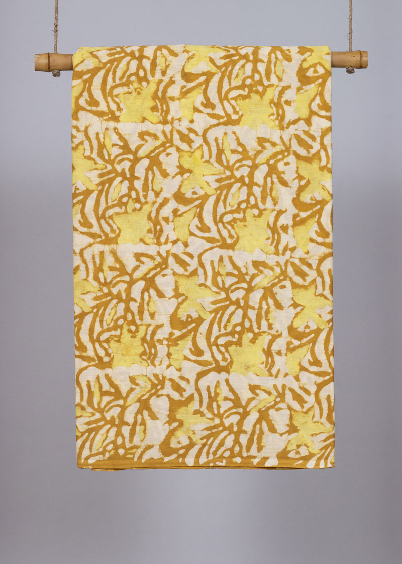 Illusory Flower Garden Mustard and Lemon Hand Block Printed Cotton Mulmul Fabric (1.00 Meter)