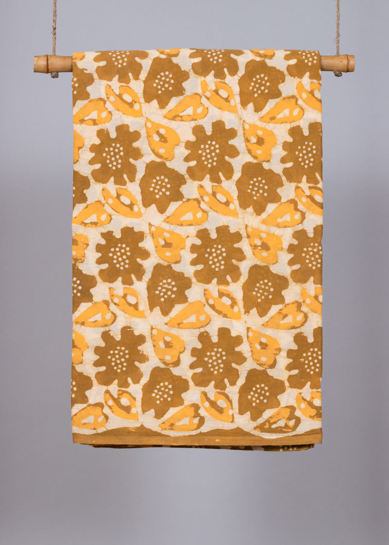 Illusory Autumns Mustard and Yellow  Hand Block Printed Cotton Mulmul Fabric (3.00 Meter)