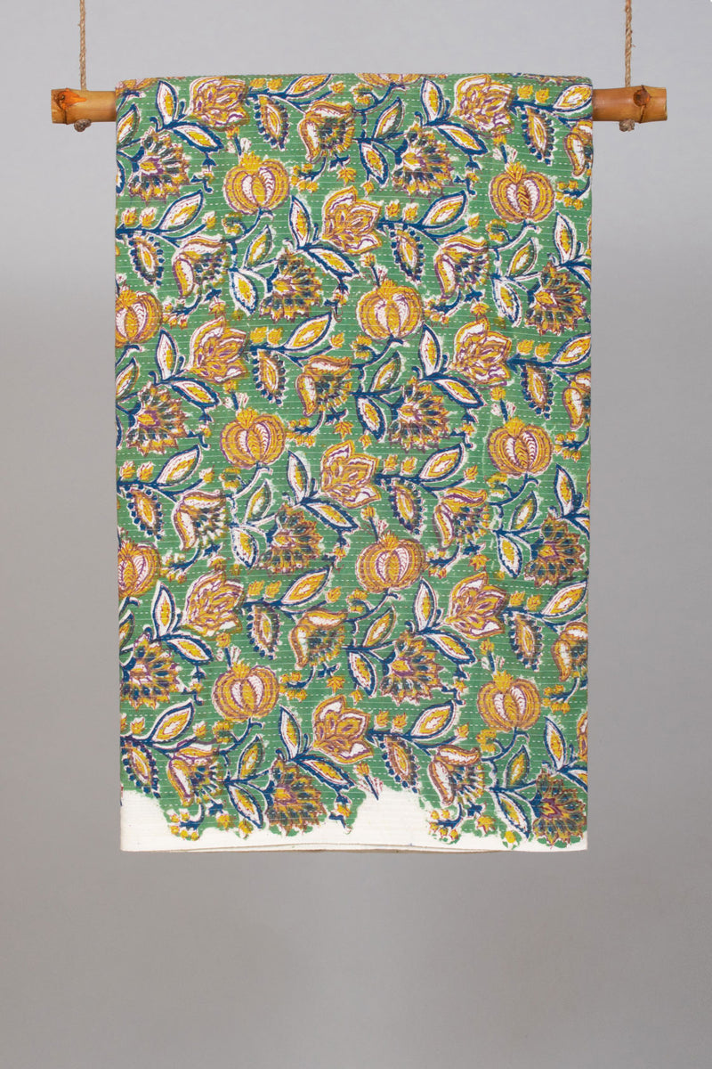 Rainforest Green Cotton Hand Block Printed Kantha Fabric
