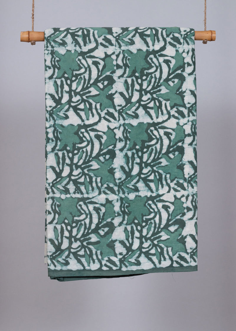 Illusory Flower Garden  Muted Green Hand Block Printed Cotton Mulmul Fabric (3.00 Meter)