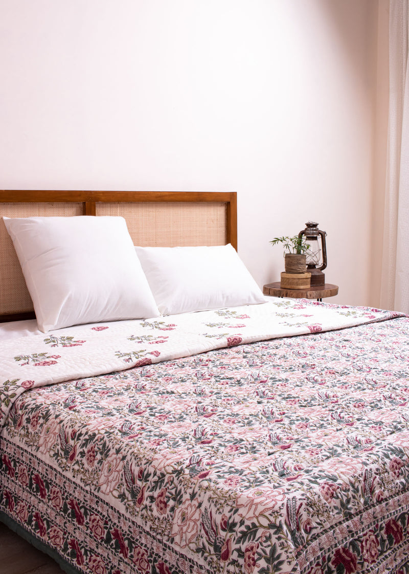 Mystic Bloom Hand Block Printed Cotton Bed Quilt