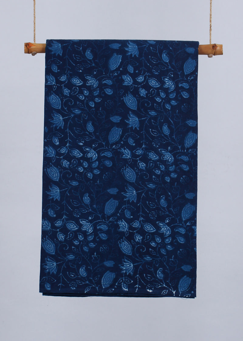 Woodland Flora Indigo Cotton Hand Block Printed Fabric