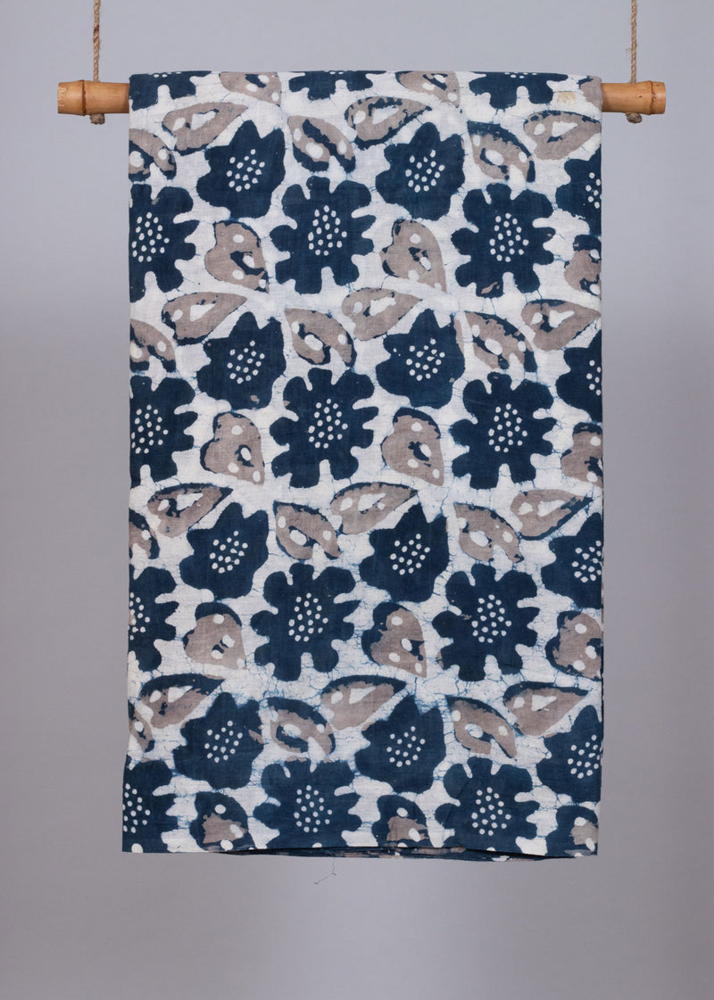 Illusory Autumns  Prussian Blue and Grey Hand Block Printed Cotton Mulmul Fabric
