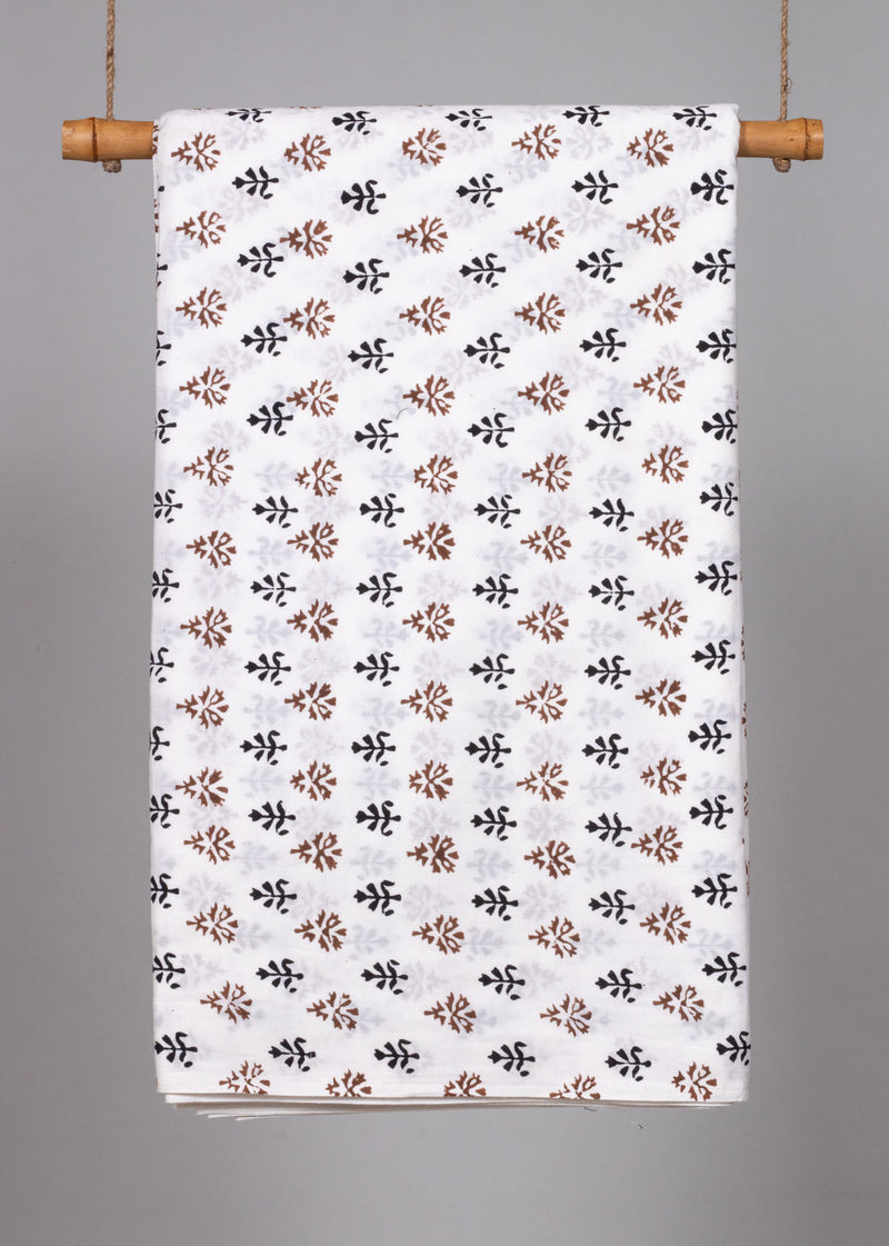 Saplings in Rows  Brown and Black Cotton Hand Block Printed Fabric (4.80 Meter)