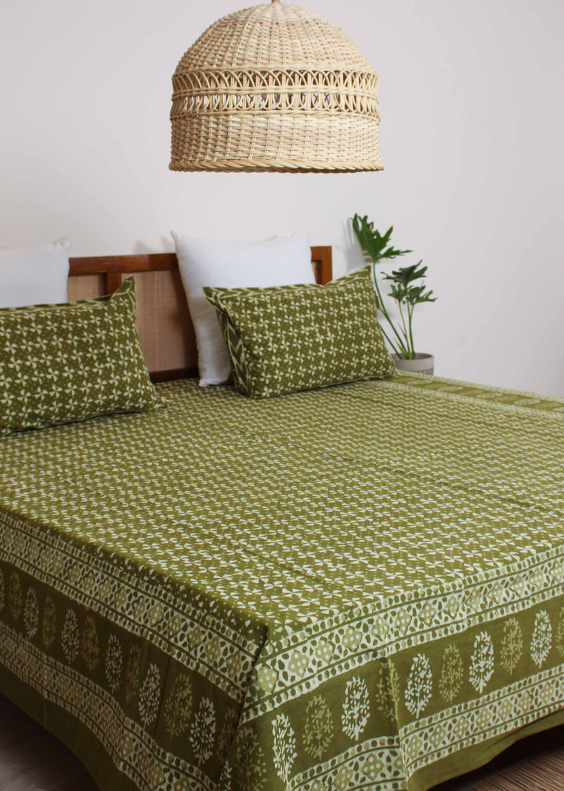 Meadowy Lush Green Melodies Cotton Hand Block Printed Bed Linens