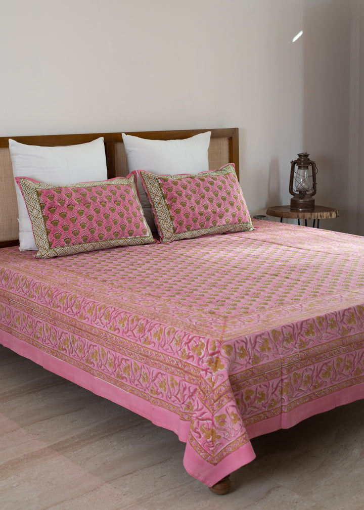 Blushing Bloom Hand Block Printed Cotton Bedsheet