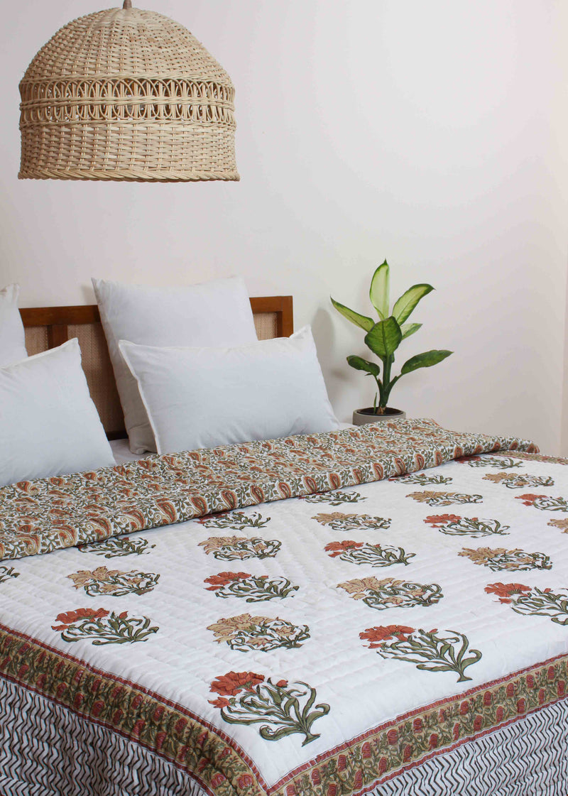 Vineyard Virtues Cotton Hand Block Printed Bed Quilt