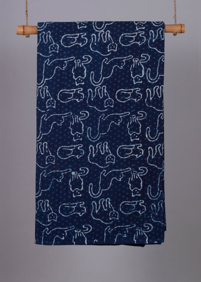 Feline Gestures Indigo Hand Block Printed Fabric (2.70 Meter)