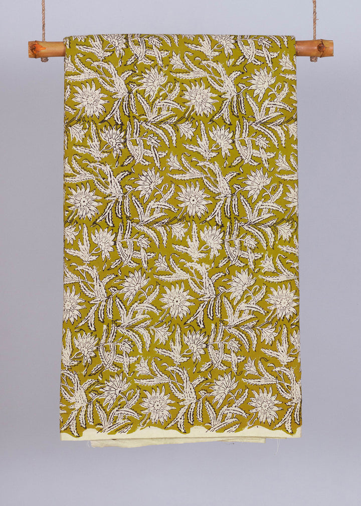 Chrysanthemum Mustard Cotton Hand Block Printed Fabric