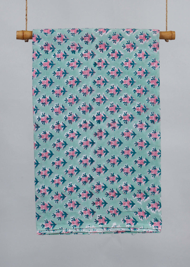 Fall Blue Skies Cotton Hand Block Printed Fabric (3.80 Meter)