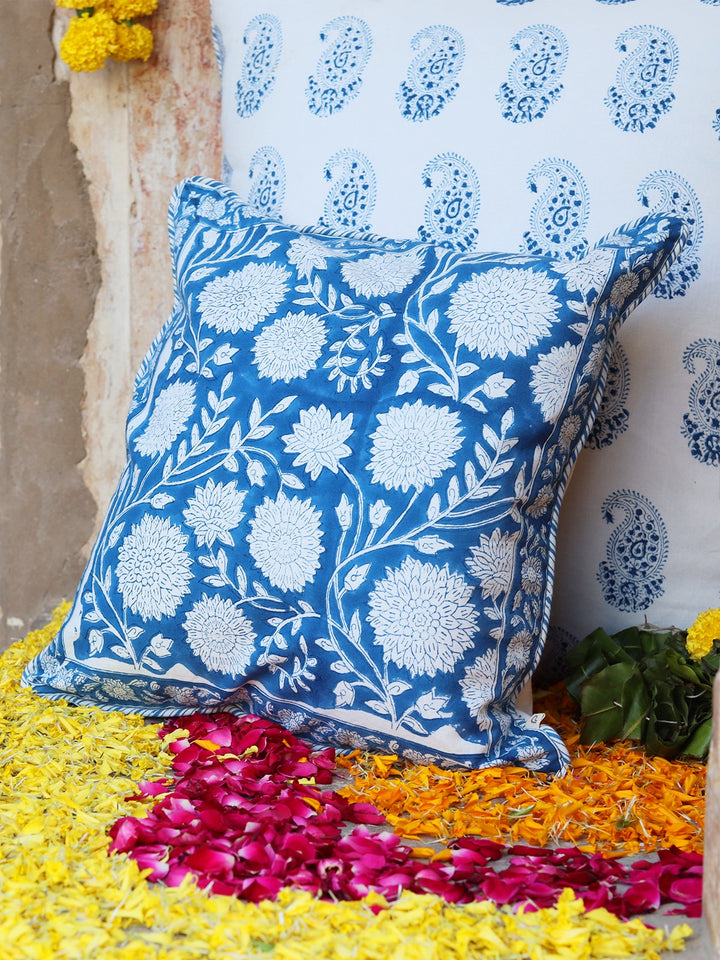 Eden of Blues Cotton Hand Block Printed cushion Cover