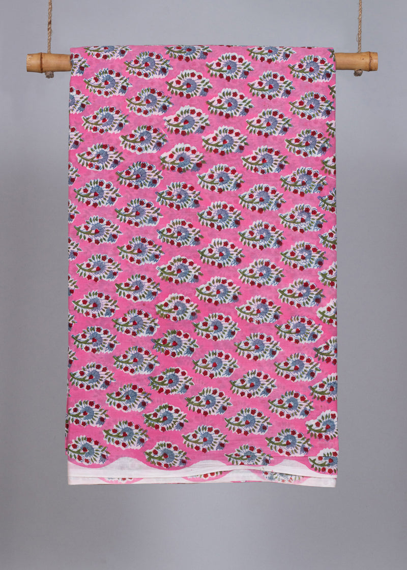 Summer Bloom Garden Pink Cotton Mulmul Hand Block Printed Fabric