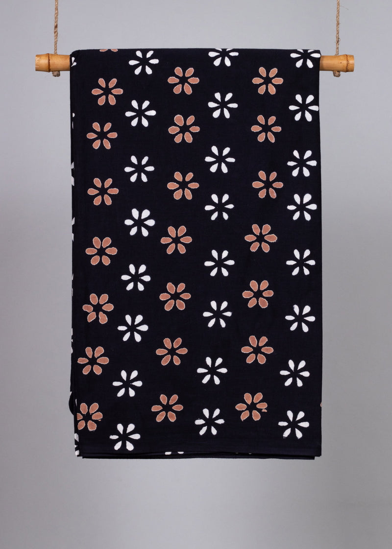 Daisies in the Dark Brown and Black  Cotton Hand Block Printed Fabric (1.50 Meter)