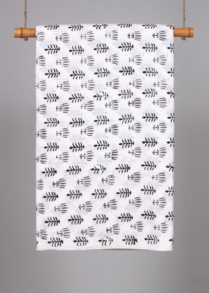 Saplings in Rows Grey and Black Cotton Hand Block Printed Fabric