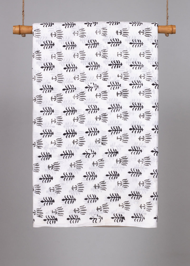 Saplings in Rows Grey and Black Cotton Hand Block Printed Fabric
